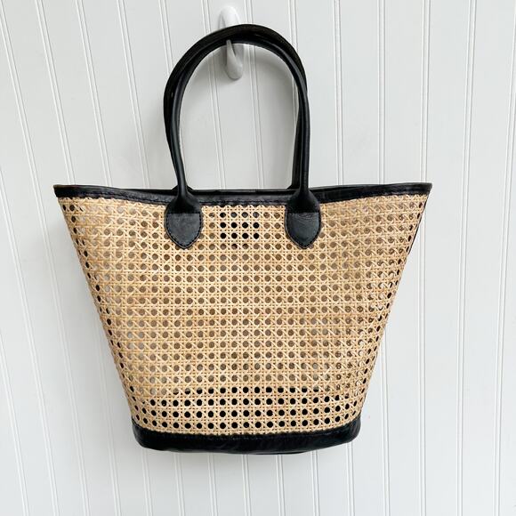 Bembien Valeria Rattan Leather Tote Tan Woven Summer Handbag Neutral - Picture 1 of 6